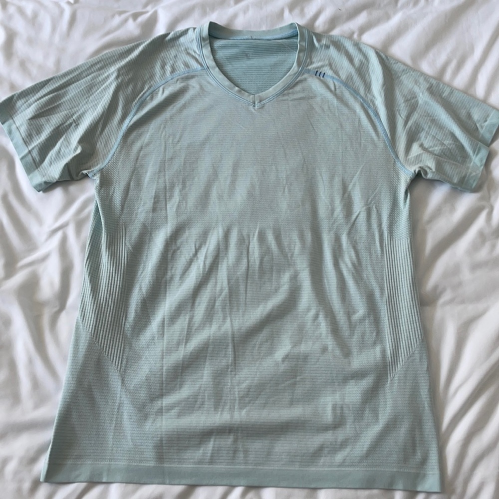 Light blue V-neck Lululemon athletic shorts sleeve T-shirt